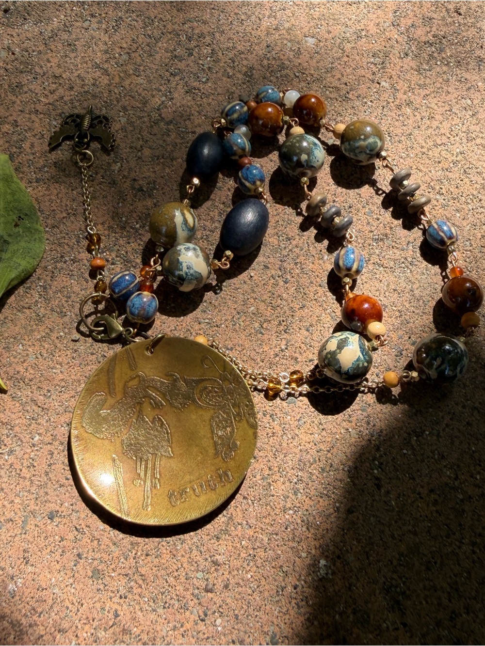 Boho Multicolor Stone Necklace with Annealed Brass  Medallion pendant.